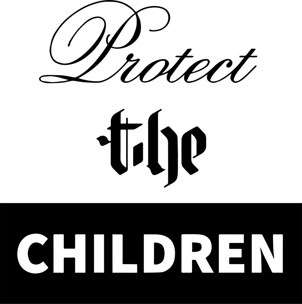Garment print reading Protect the Children, with Protect in copperplate script, the in blackletter, and CHILDREN in a condensed gothic knocked out of a solid black bar.