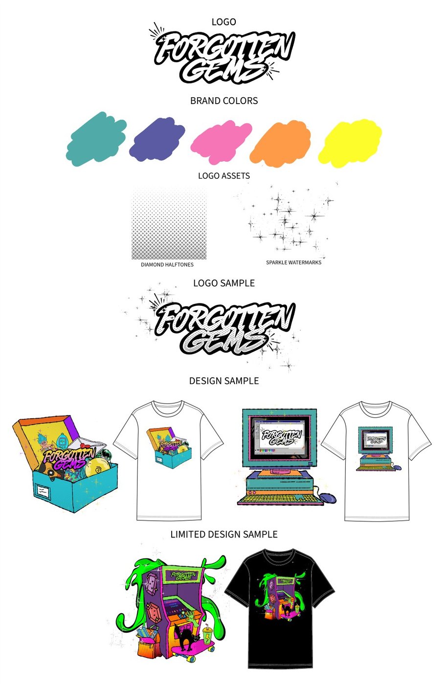 The Forgotten Gems brand identity sheet showing the logo, a five-color painted palette, diamond halftone and sparkle watermark assets, a logo sample, and garment design samples including a blind box, a retro computer and an arcade cabinet.