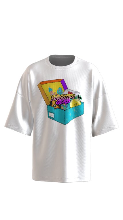 Oversized white tee mockup carrying the blind box graphic with the Forgotten Gems logo inside the open lid.