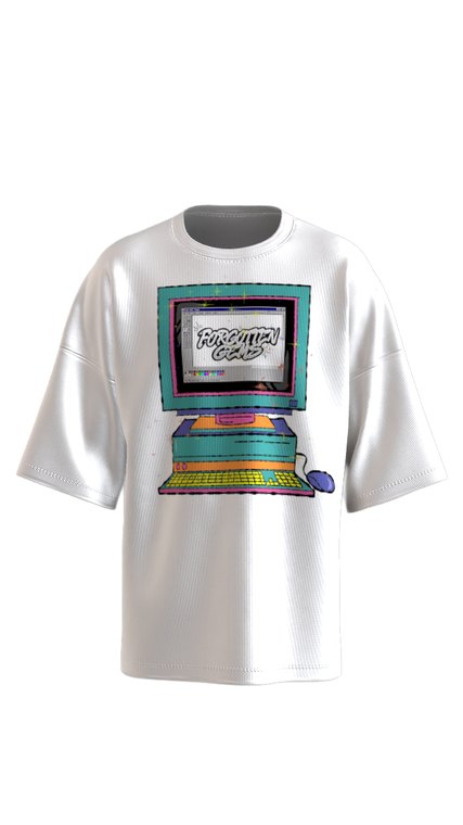 Oversized white tee mockup carrying the retro desktop computer graphic with the Forgotten Gems logo drawn on the monitor inside a paint program.
