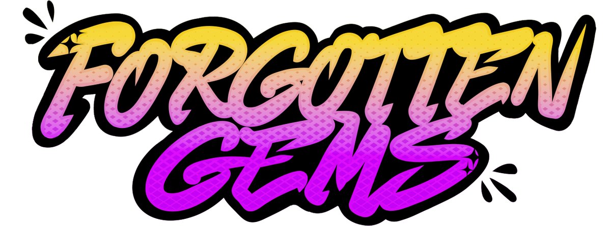 The Forgotten Gems wordmark in brush script with a heavy black outline and a yellow-to-magenta gradient filled with a diamond halftone.