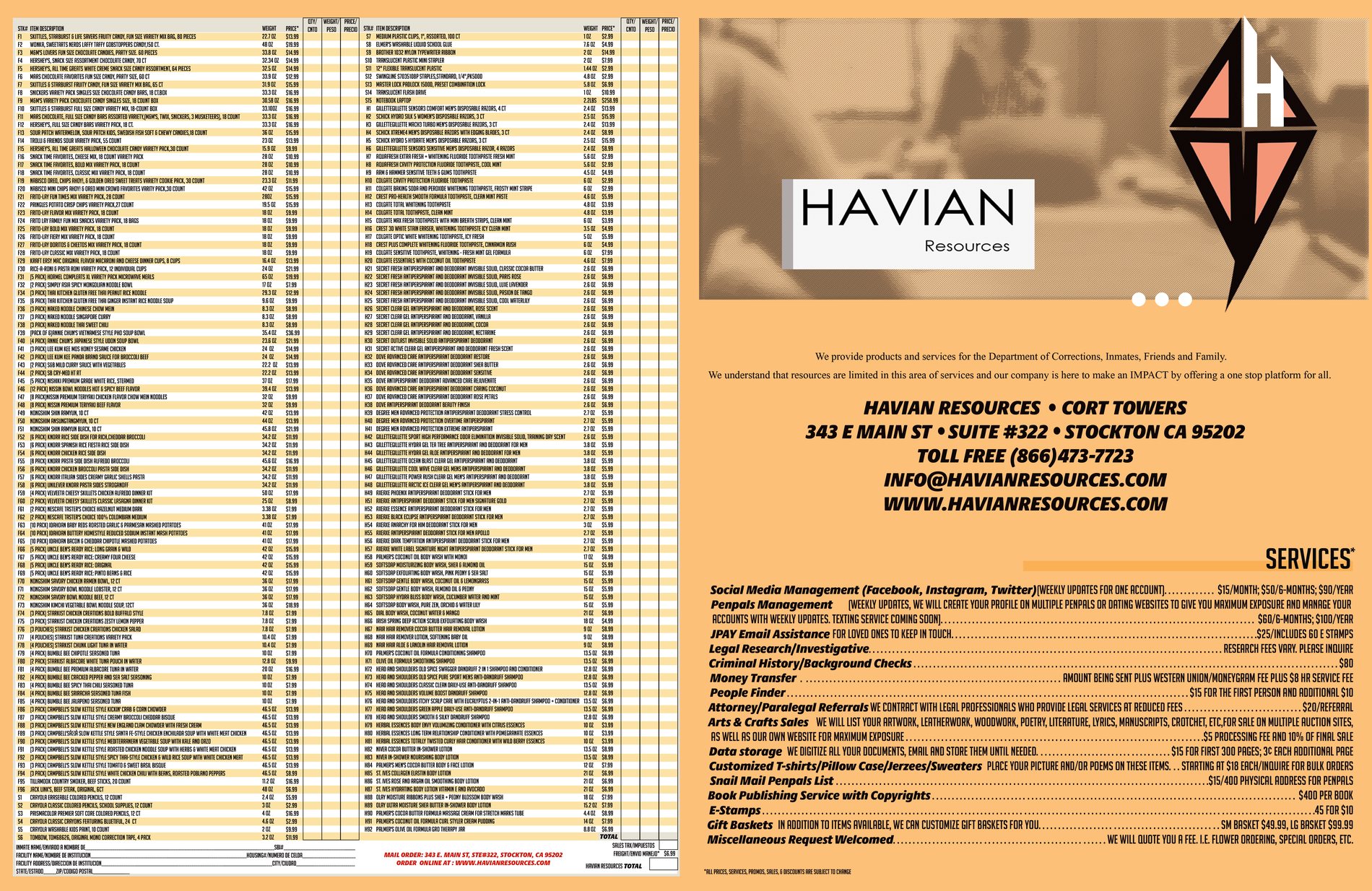 Catalogue spread: a dense two-column mail-order price list with item codes, weights, prices and blank quantity boxes on the left, and the Havian Resources brand page with its kite mark and a priced services list on the right.