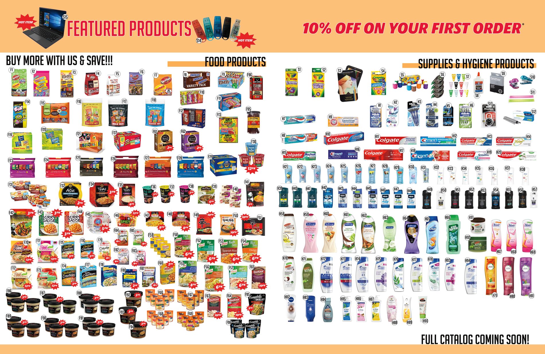 Catalogue spread showing several hundred product cutouts arranged into Food Products and Supplies and Hygiene Products, each tagged with its item code.