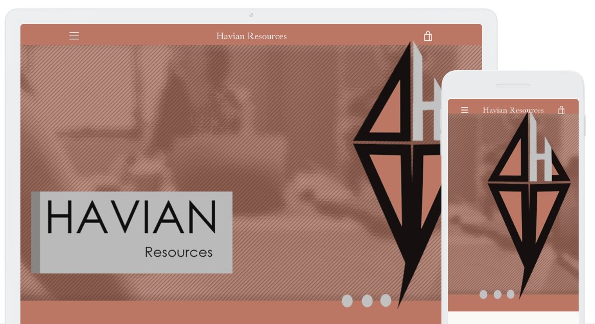 The Havian Resources website shown on desktop and mobile, with the kite mark over a muted terracotta hero and a cart in the header.