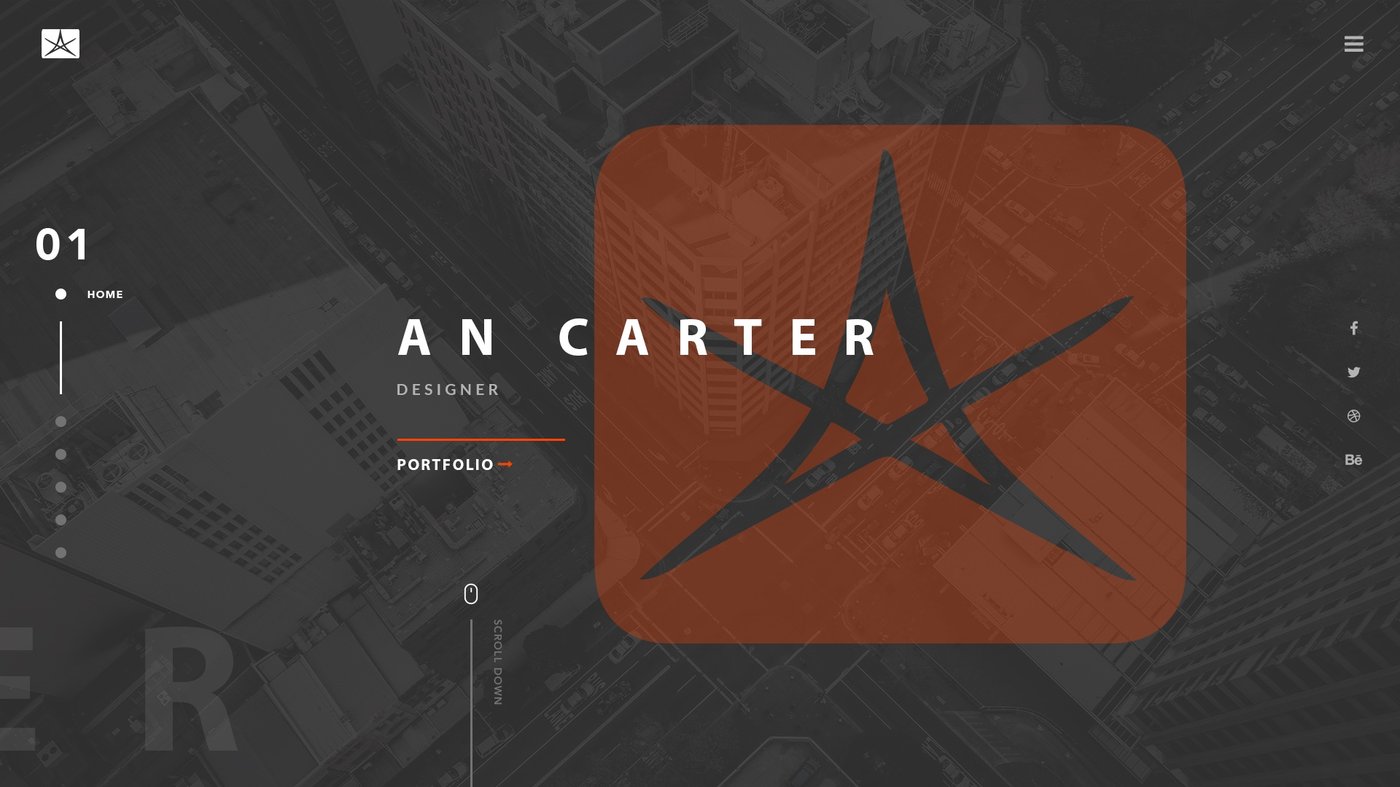 The previous An Carter portfolio homepage: a desaturated aerial city photograph, the star mark in a terracotta panel, the name, the word designer, and a portfolio link with section dots down the left edge.