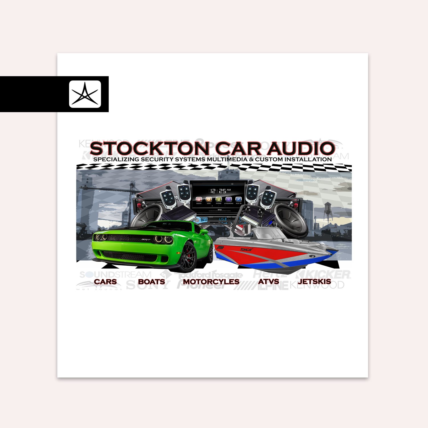 The Stockton Car Audio wrap artwork as a flat file: a green Challenger and a tow boat flanking head units, subwoofers, amplifiers and four remotes, over a Stockton waterfront silhouette with a checkered flag band, and a faint row of audio brand logos behind the category line.