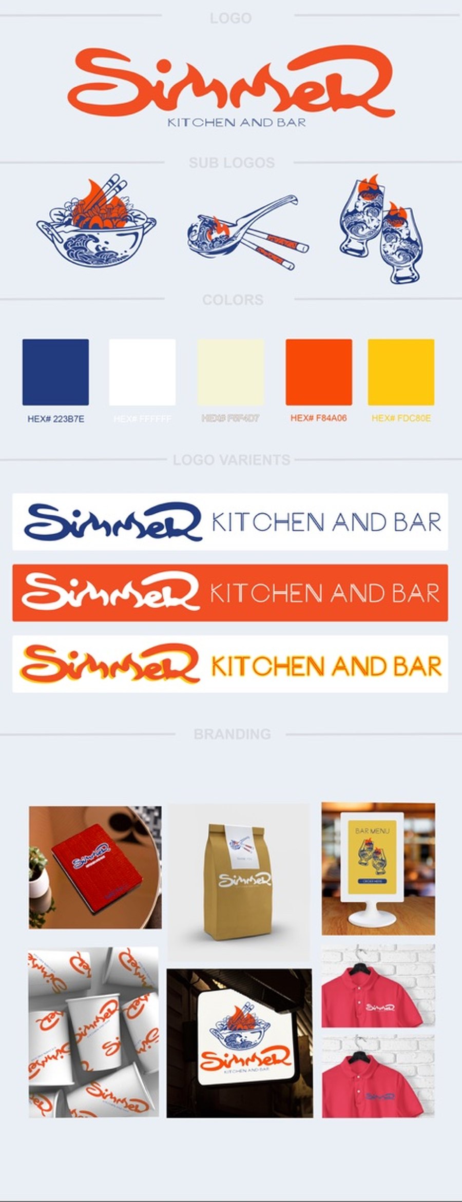 The Simmer Kitchen and Bar daylight brand sheet: an orange script logo whose two m's are drawn as flame tongues, three line-drawn sub logos of a noodle bowl, chopsticks and cocktails each carrying an orange flame, a navy to yellow palette with hex values, three logo lockup variants, and mockups on menu cards, packaging, table signage, stationery and staff polos.