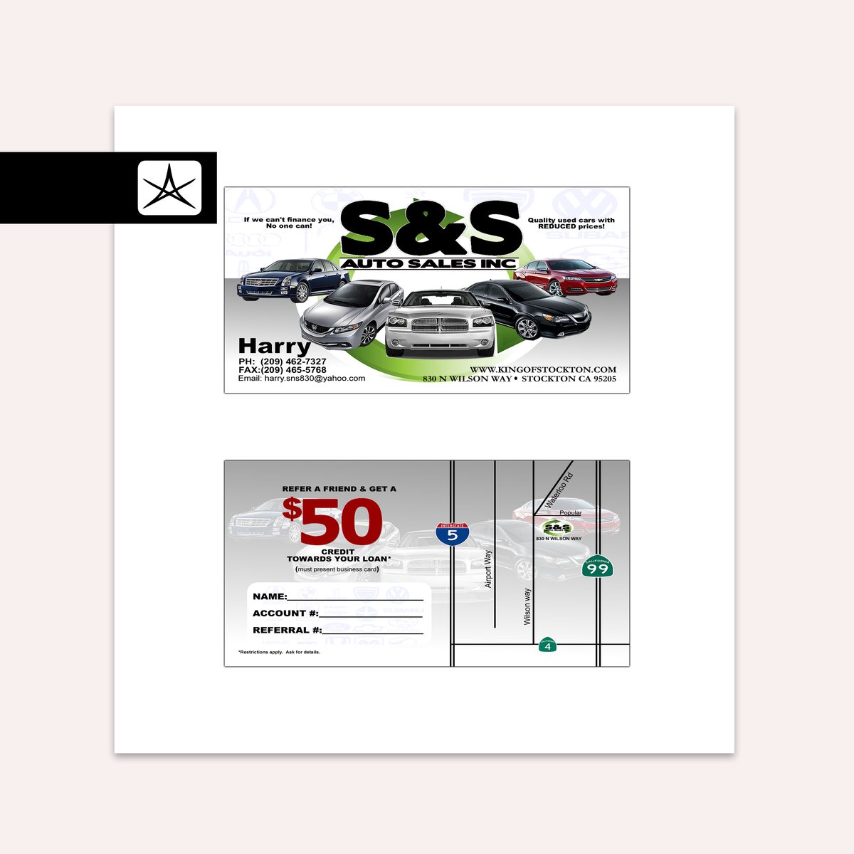 S and S Auto Sales business card and a referral card carrying a fifty dollar credit offer with blank name, account and referral fields beside a drawn route map of the freeways and streets around the lot.