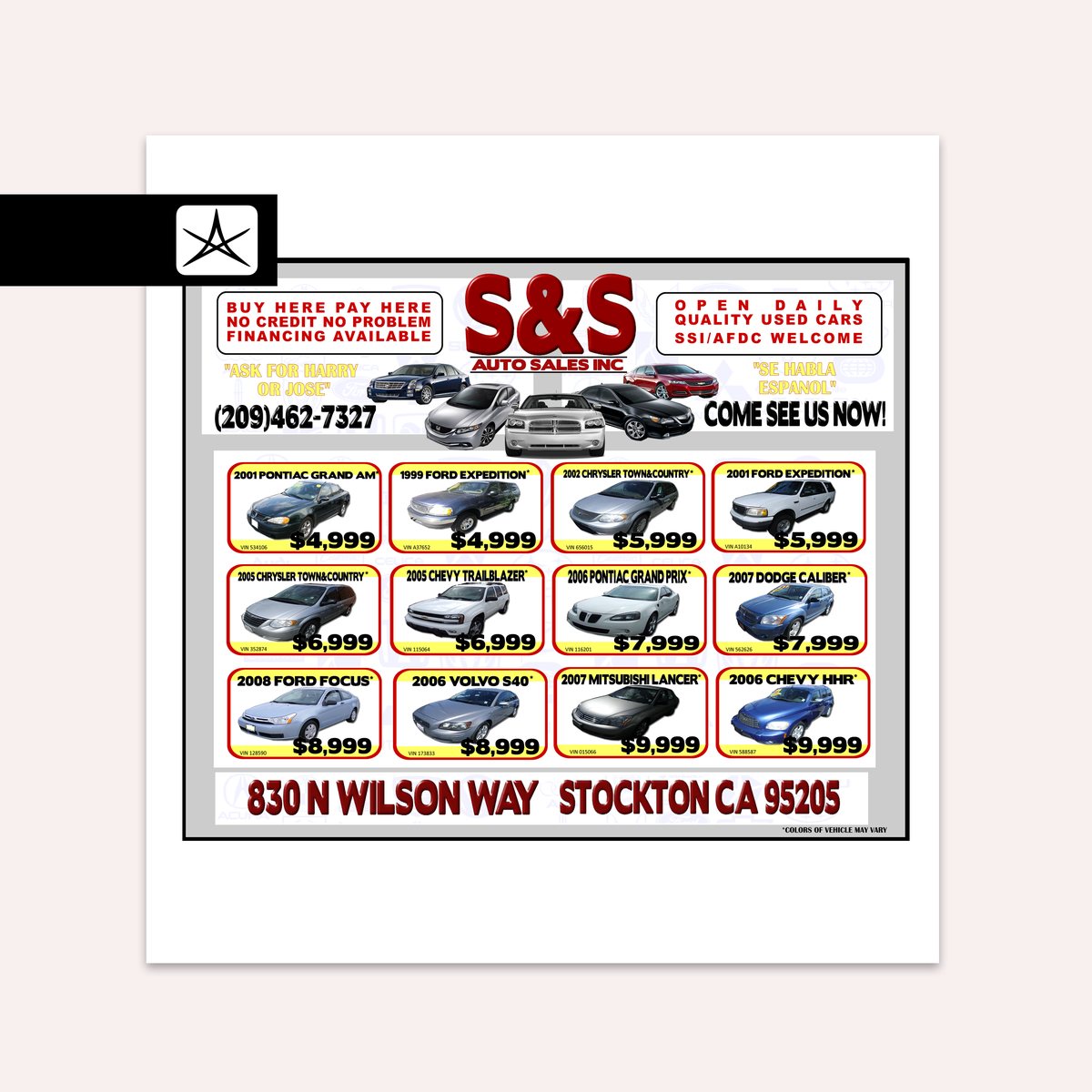 S and S Auto Sales inventory flyer: twelve used vehicles in a grid, each with year, model, VIN and price, under a masthead with financing claims in English and Spanish.