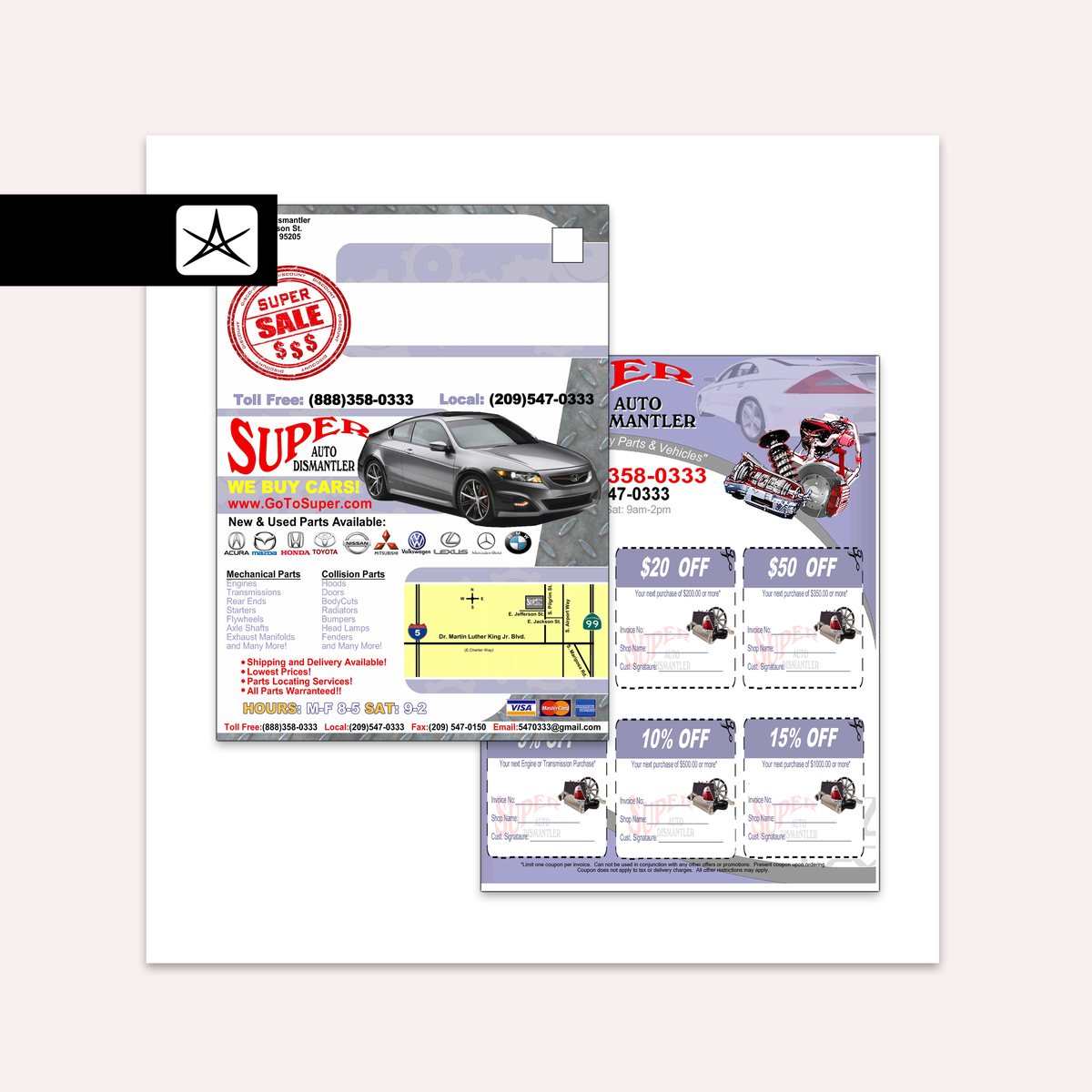 Super Auto Dismantler self-mailer with an address panel and a super sale stamp, shown with a six-coupon tear sheet, each coupon carrying invoice number, shop name and customer signature fields.