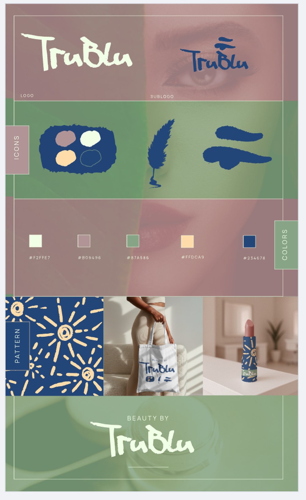 The TruBlu brand kit: a brush-script logo and navy sublogo, three drawn icons for an eyeshadow palette, a mascara wand and brush strokes, a five-colour palette with hex values, a navy and gold starburst pattern, and the pattern applied to a tote bag and a lipstick tube.