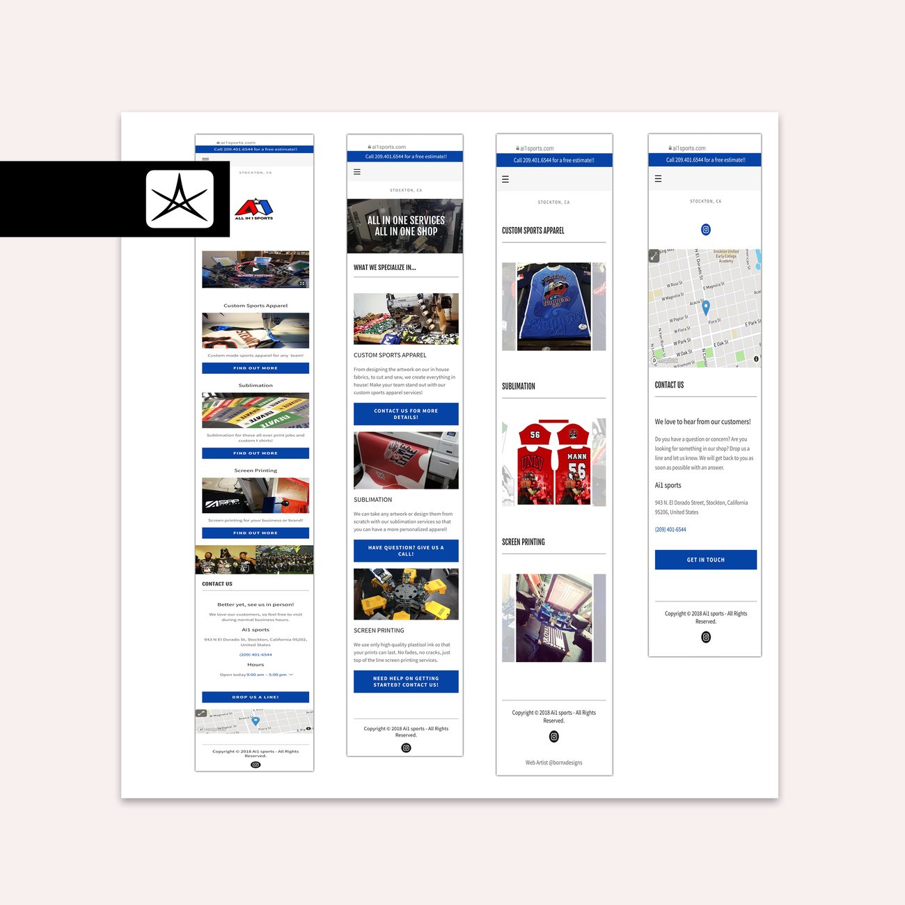 Four mobile screens of the Ai1 Sports site: custom sports apparel, sublimation and screen printing sections with photographs of the shop floor, a contact page and a map.