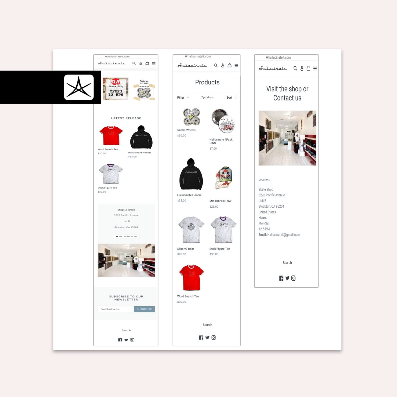 Three mobile screens of the Hallucinate skate shop store: latest releases, a seven-product grid with prices, and a contact page with shop hours.