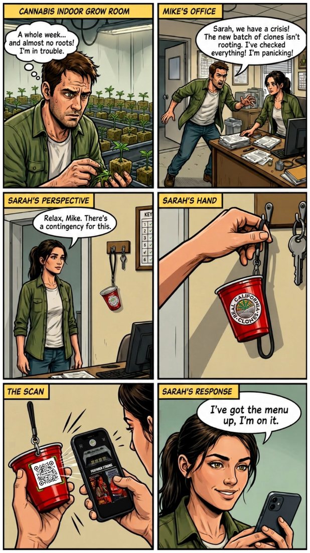 Six-panel comic strip showing a grower panicking over a failed clone batch, a colleague lifting the branded mini cup off a key hook, scanning its QR code, and opening the menu.