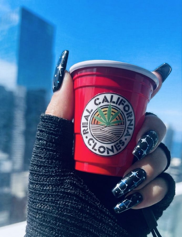 A hand holding a miniature red Solo cup printed with the Real California Clones roundel, against a San Francisco skyline.
