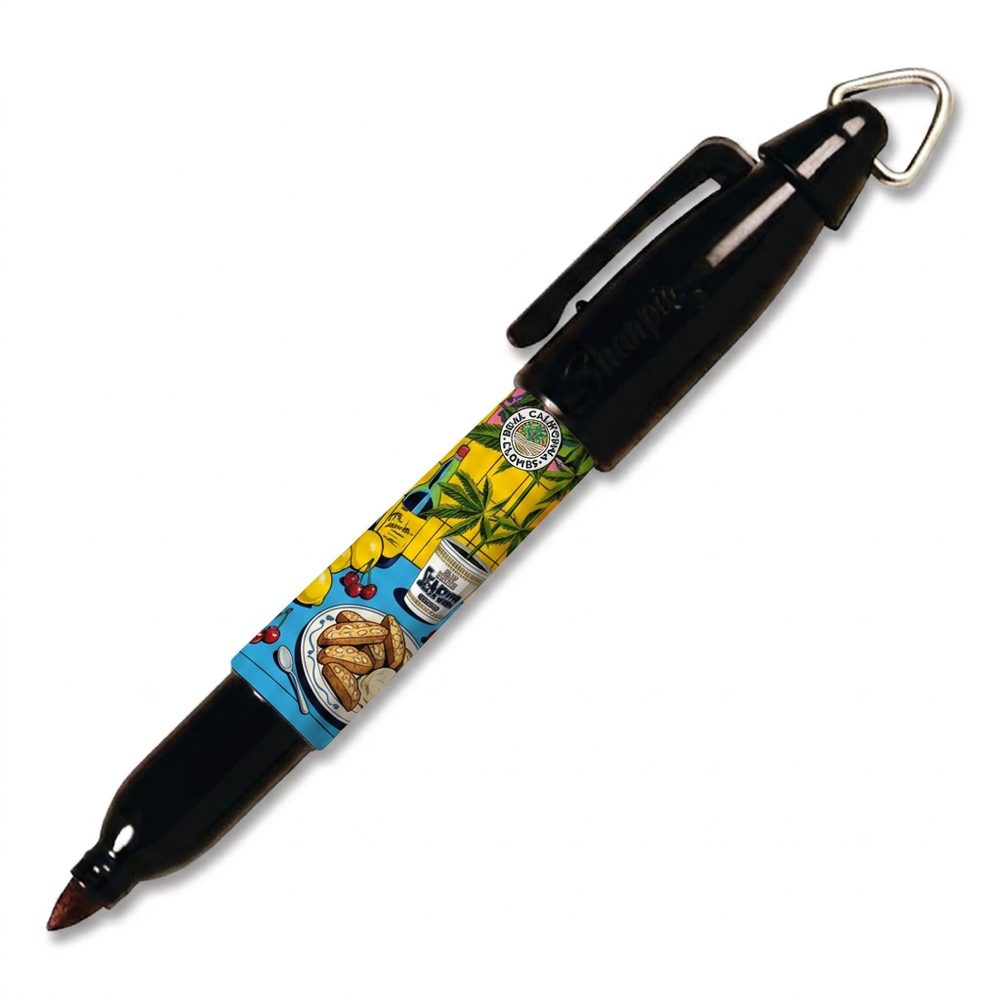 A mini Sharpie marker wrapped in the Grenadine strain artwork, with a metal clip on the cap.