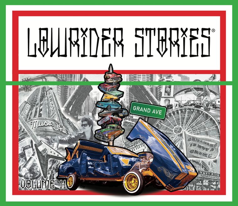 Lowrider Stories Volume 11 cover: a blue and orange Riviera cut out in full colour over a pencil-rendered collage of landmarks, with street signs reading Grand Avenue, Chicago.