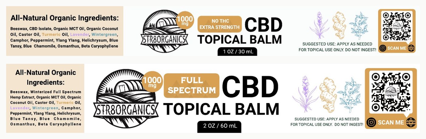 Two topical balm label flats side by side, 1 oz extra strength no-THC and 2 oz full spectrum, each with ingredient panel, botanical illustrations and a scan-me QR block.