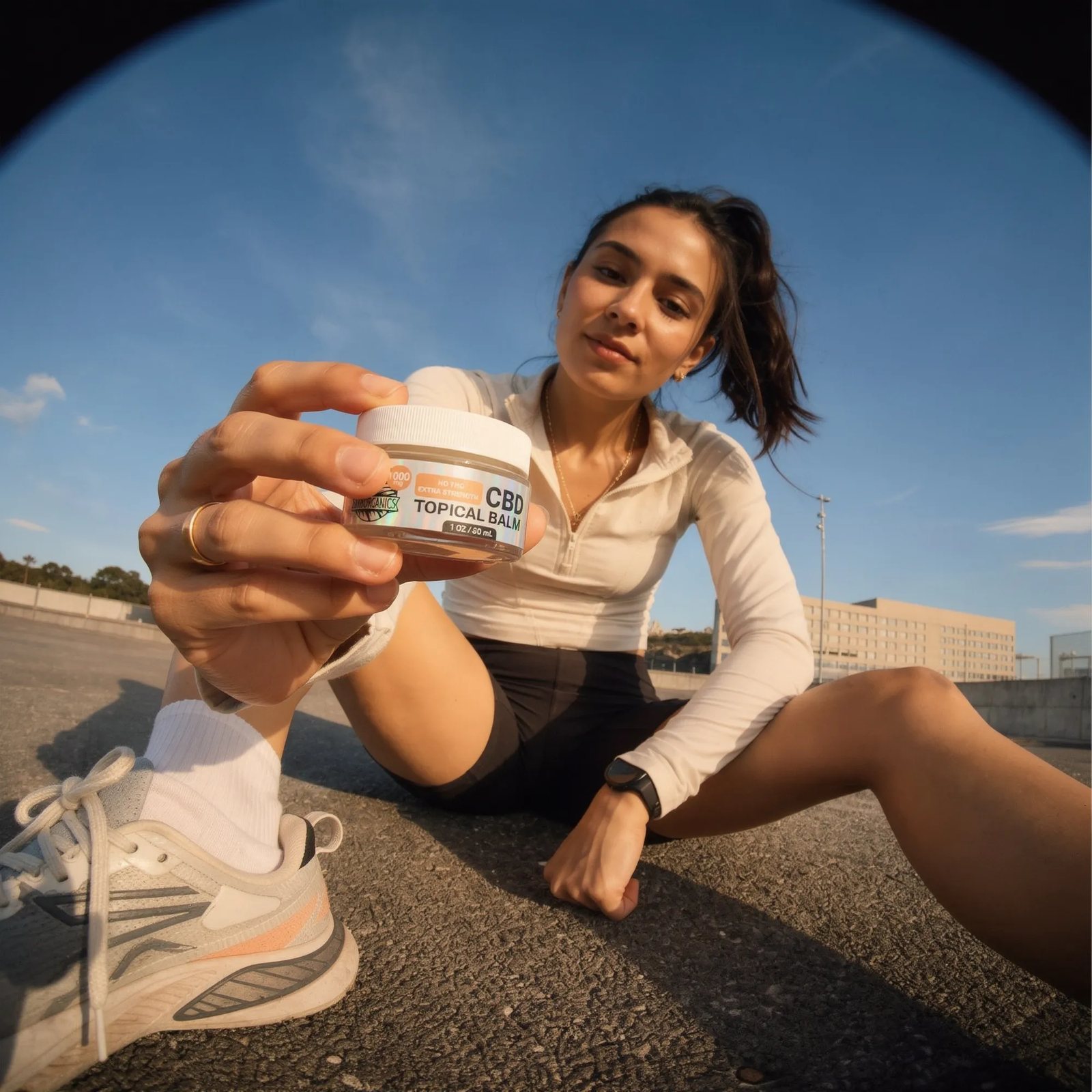A woman in athletic clothing sitting on pavement outdoors, opening the CBD topical balm jar.