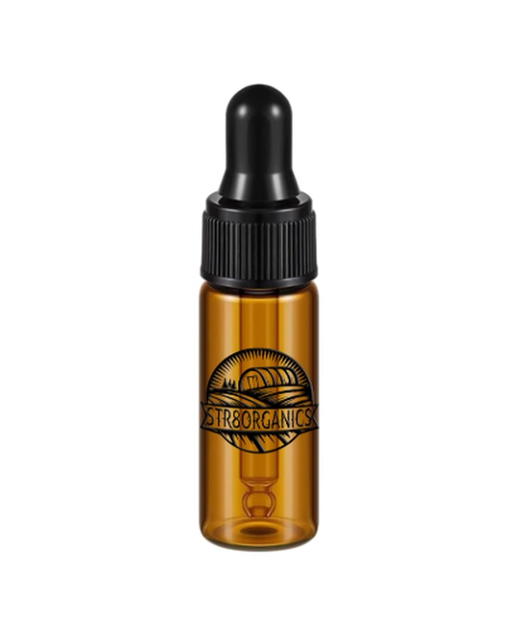 Mockup of the miniature amber dropper bottle with a black cap, the STR8ORGANICS roundel printed on the glass.