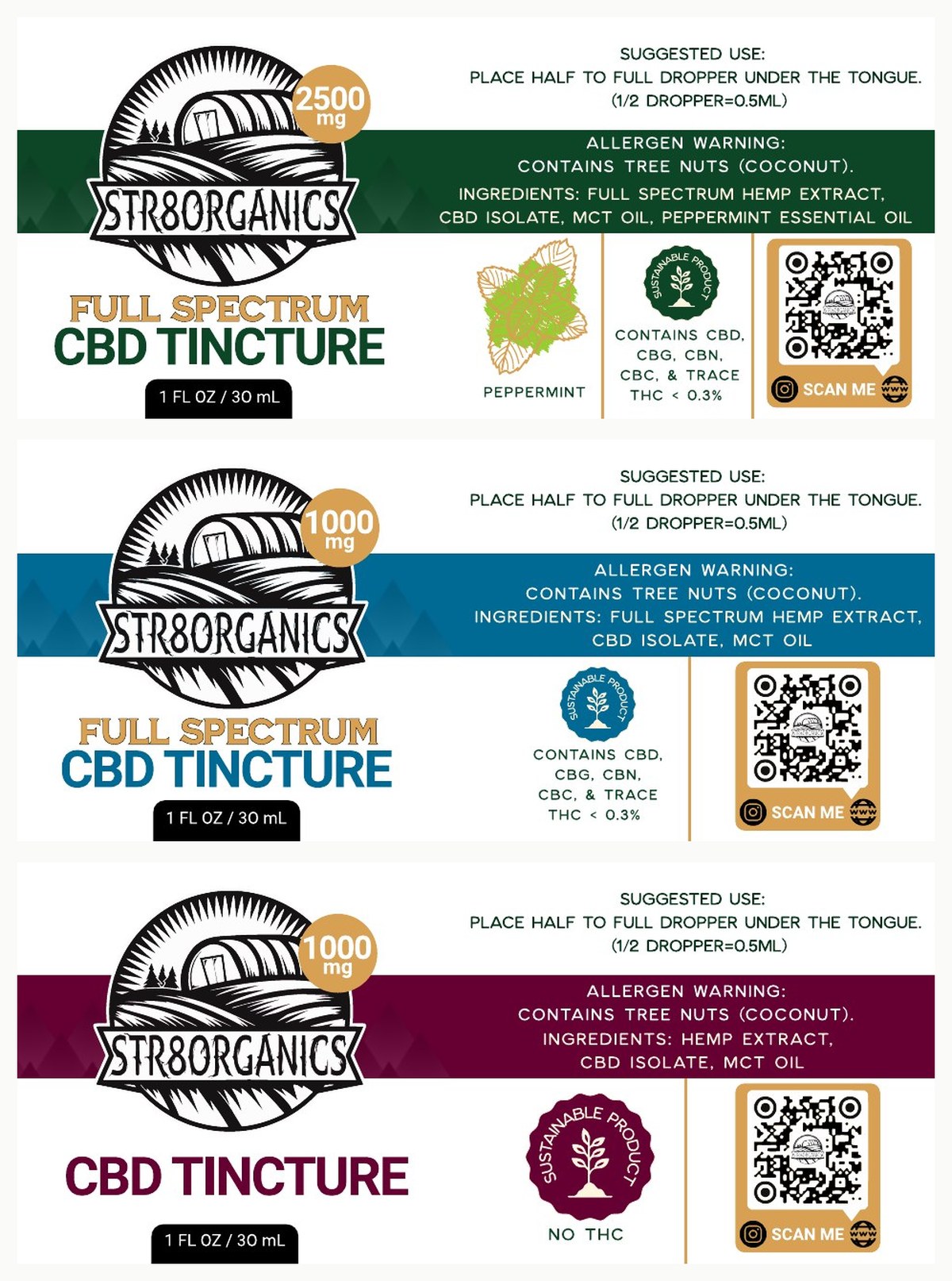 Three tincture label artboards: 2500 mg full spectrum peppermint with a green band, 1000 mg full spectrum with a blue band, and 1000 mg no-THC with a burgundy band.