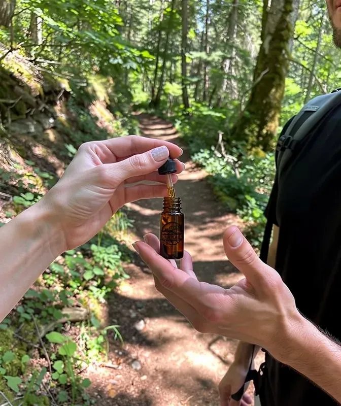 Two pairs of hands passing an amber tincture bottle on a sunlit forest trail.